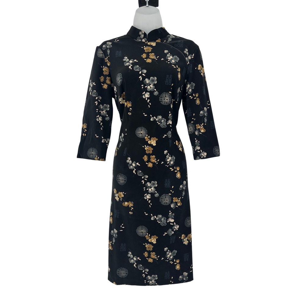 Connected Apparel Women's 8 Black Floral Cheongsam Mandarin Collar‎ Midi Dress